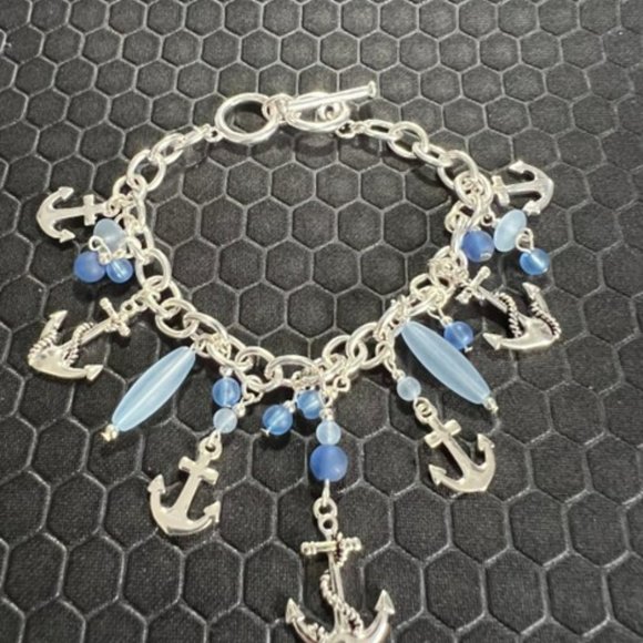 Anchor Charm Bracelet with Blue Sea Glass 18K White Gold Plated - Picture 1 of 1